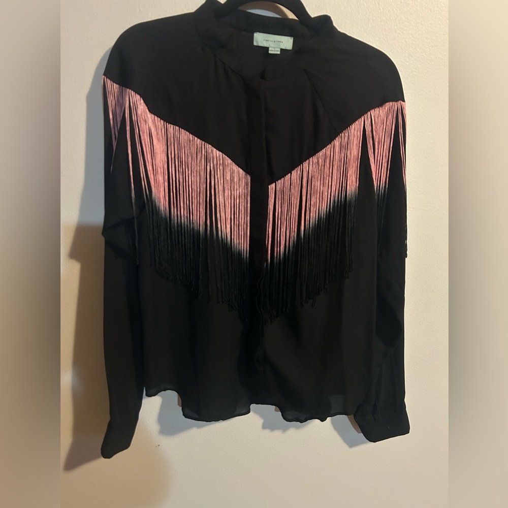 Camilla Black Shirt with Pink Fringe